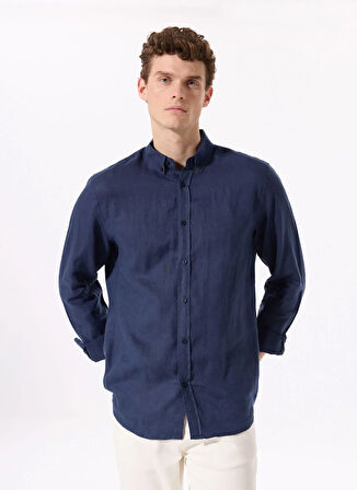 Lacivert Erkek Düğmeli Regular Fit %100 Keten Gömlek F5SM-GML 2767
