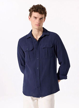 Fabrika Regular Fit Gömlek Yaka Düz Lacivert Erkek Gömlek F5SM-GML 2739