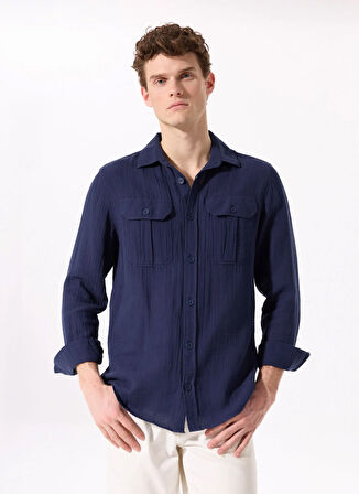 Fabrika Regular Fit Gömlek Yaka Düz Lacivert Erkek Gömlek F5SM-GML 2739
