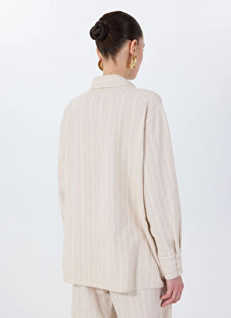 Fabrika Loose Fit Gömlek Yaka Çizgili Bej Kadın Gömlek F5SL-GML0026