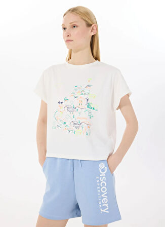 Discovery Expedition D5SL-TST3504 Beyaz Bisiklet Yaka Relaxed Baskılı Kadın T-Shirt