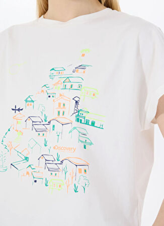 Discovery Expedition D5SL-TST3504 Beyaz Bisiklet Yaka Relaxed Baskılı Kadın T-Shirt