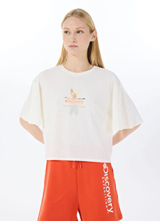 Discovery Expedition D5SL-TST3508 Beyaz Bisiklet Yaka Relaxed Baskılı Kadın T-Shirt