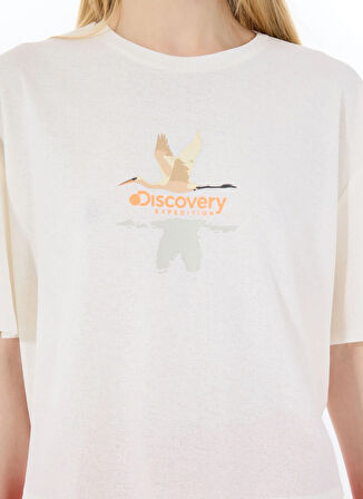 Discovery Expedition D5SL-TST3508 Beyaz Bisiklet Yaka Relaxed Baskılı Kadın T-Shirt
