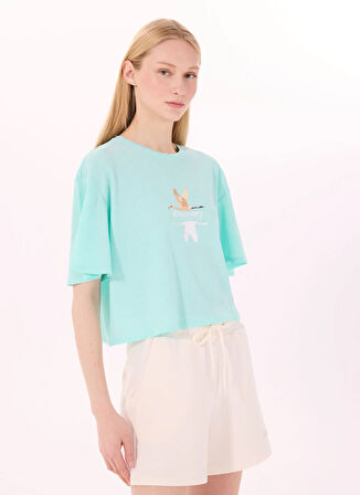 Discovery Expedition D5SL-TST3508 Mint Bisiklet Yaka Relaxed Baskılı Kadın T-Shirt