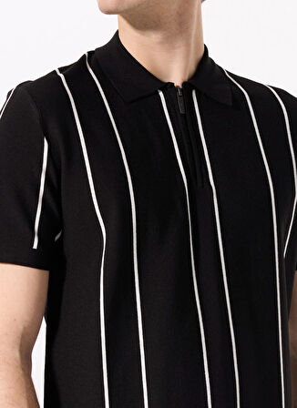 Siyah Erkek Polo Yaka Relaxed Çizgili Kazak F5SM-KZK 2072