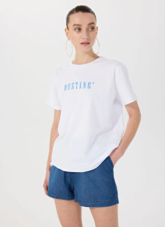 Mustang Bisiklet Yaka Baskılı Beyaz Kadın T-Shirt M5SL-TST1860