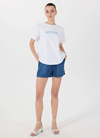 Mustang Bisiklet Yaka Baskılı Beyaz Kadın T-Shirt M5SL-TST1860