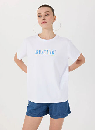 Mustang Bisiklet Yaka Baskılı Beyaz Kadın T-Shirt M5SL-TST1860