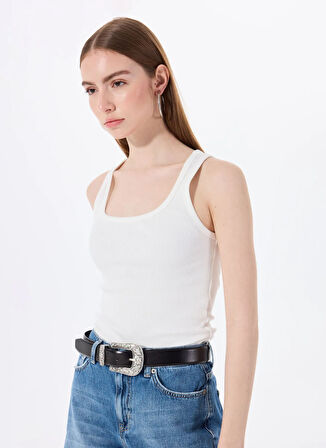 Mustang U Yaka Fitilli Beyaz Kadın Atlet M5SL-TST1149