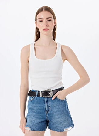 Mustang U Yaka Fitilli Beyaz Kadın Atlet M5SL-TST1149