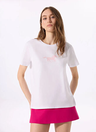 Mustang Bisiklet Yaka Baskılı Beyaz Kadın T-Shirt M5SL-TST1861
