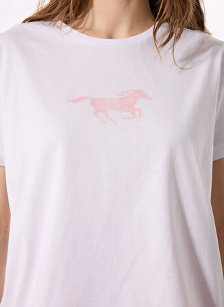 Mustang Bisiklet Yaka Baskılı Beyaz Kadın T-Shirt M5SL-TST1861