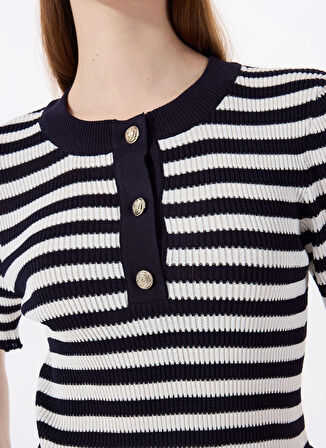 Mustang Düğmeli Bisiklet Yaka Normal Çizgili Lacivert - Beyaz Kazak Kadın M5SL-KZK1910