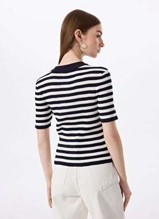 Mustang Düğmeli Bisiklet Yaka Normal Çizgili Lacivert - Beyaz Kazak Kadın M5SL-KZK1910