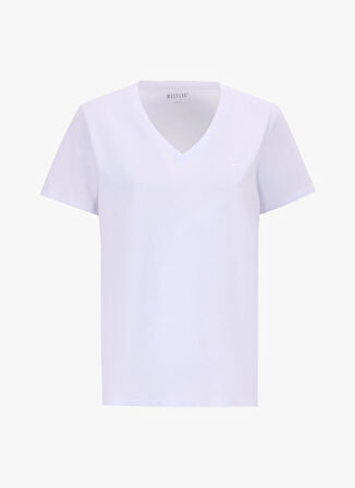 Mustang V Yaka Nakışlı Beyaz Kadın T-Shirt M5SL-TST1848