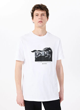 Mustang Bisiklet Yaka Baskılı Beyaz Erkek T-Shirt M5SM-TST1274