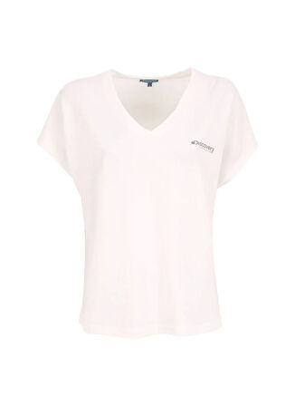 D5SL-TST3544 Beyaz V Yaka Relaxed Baskılı Kadın T-Shirt