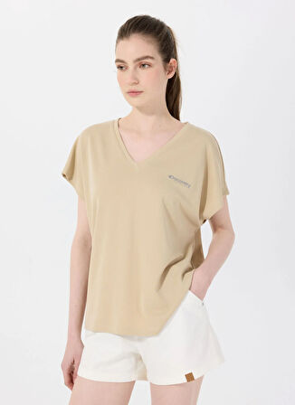 Discovery Expedition D5SL-TST3544 Bej V Yaka Relaxed Düz Kadın T-Shirt