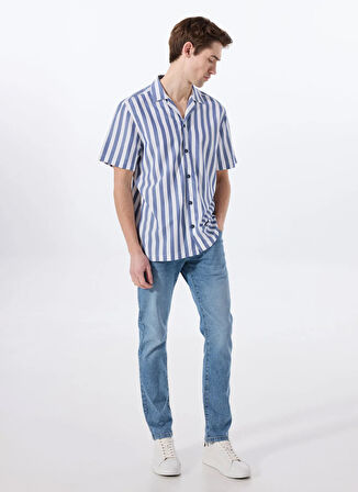 Mustang Relaxed Mavi - Beyaz Çizgili Erkek Gömlek M5SM-GML1053