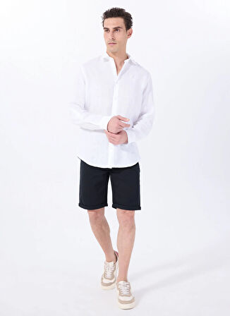 Beyaz Erkek Relaxed Fit Nakışlı %100 Keten Gömlek M5WM- GML1557