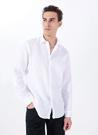 Beyaz Erkek Relaxed Fit Nakışlı %100 Keten Gömlek M5WM- GML1557
