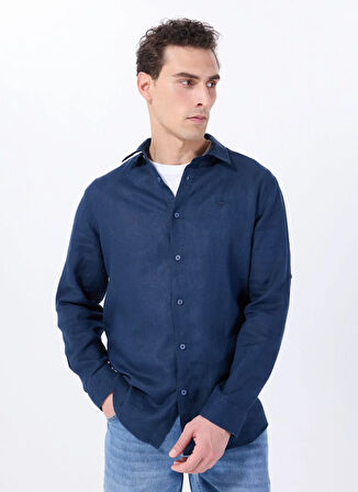 Lacivert Erkek Relaxed Fit Nakışlı %100 Keten Gömlek M5WM- GML1557