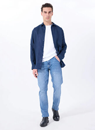 Lacivert Erkek Relaxed Fit Nakışlı %100 Keten Gömlek M5WM- GML1557