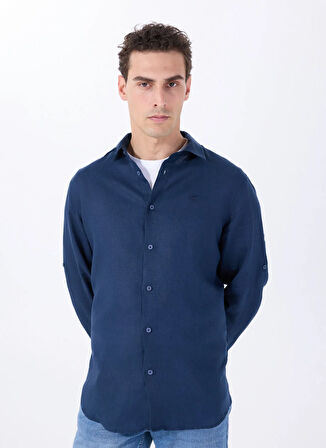 Lacivert Erkek Relaxed Fit Nakışlı %100 Keten Gömlek M5WM- GML1557