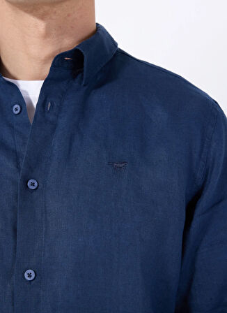 Lacivert Erkek Relaxed Fit Nakışlı %100 Keten Gömlek M5WM- GML1557