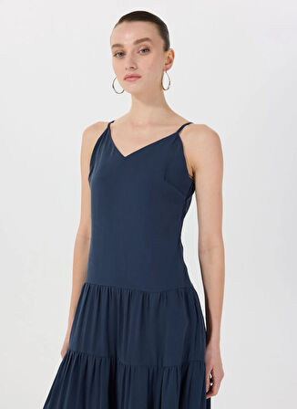 Lacivert Kadın V Yaka Askılı Uzun Elbise M5SL-ELB1623