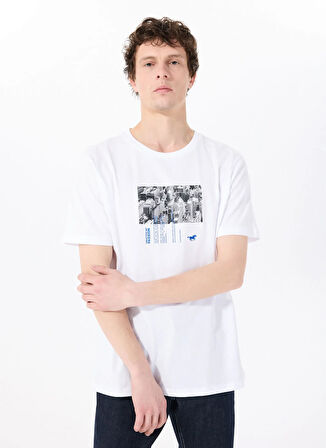 Mustang Bisiklet Yaka Baskılı Beyaz Erkek T-Shirt M5SM-TST1289