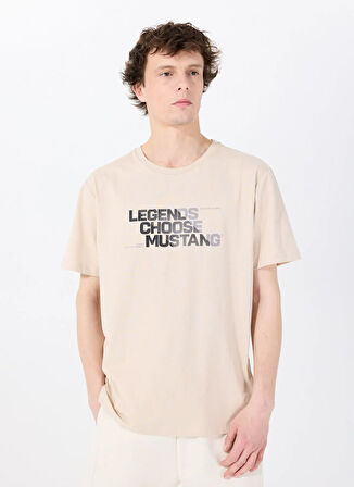 Mustang Bisiklet Yaka Baskılı Bej Erkek T-Shirt M5SM-TST1302