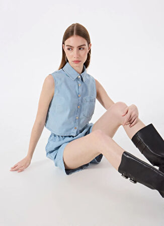 Mustang Normal Gömlek Yaka Yıkamalı Mavi Kadın Denim Gömlek M5SL-GML1293