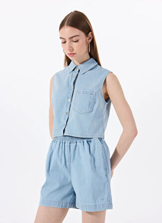 Mustang Normal Gömlek Yaka Yıkamalı Mavi Kadın Denim Gömlek M5SL-GML1293