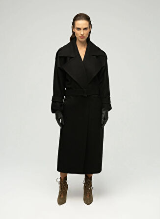Maximus Geniş Yaka Uzun Siyah Kadın Palto