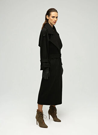 Maximus Geniş Yaka Uzun Siyah Kadın Palto