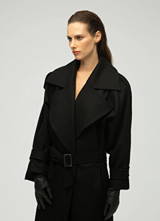 Maximus Geniş Yaka Uzun Siyah Kadın Palto