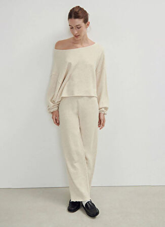 Ekru Kadın Kayık Yaka Crop Sweatshirt ITO03AE25_ECRU MELANGE