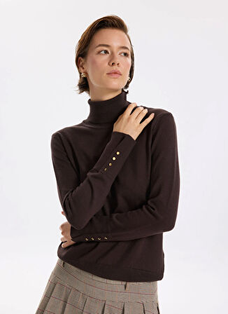 Fabrika Balıkçı Yaka Basic Düz Koyu Kahve Kazak Kadın REZZA