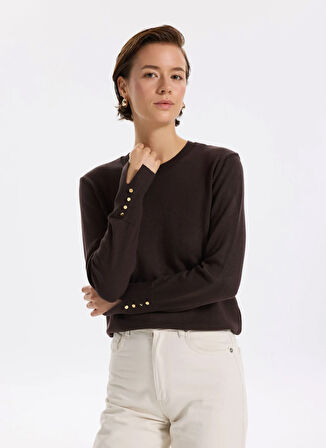 Fabrika Bisiklet Yaka Basic Düz Koyu Kahve Kazak Kadın PAGOSA