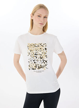 Limon Yuvarlak Yaka Baskılı Ekru Kadın T-Shirt L5SL-TST5815