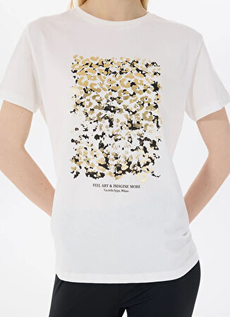 Limon Yuvarlak Yaka Baskılı Ekru Kadın T-Shirt L5SL-TST5815