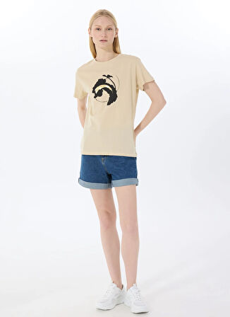 Limon Yuvarlak Yaka Baskılı Bej Kadın T-Shirt L5SL-TST5817