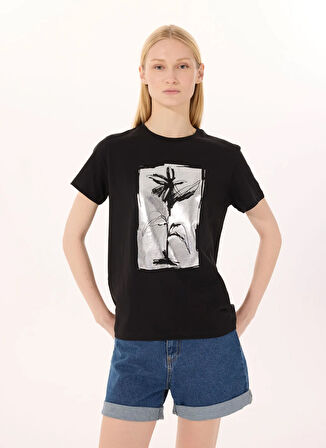 Limon Yuvarlak Yaka Baskılı Siyah Kadın T-Shirt L5SL-TST5816