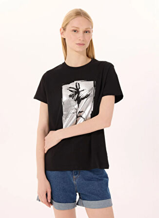 Limon Yuvarlak Yaka Baskılı Siyah Kadın T-Shirt L5SL-TST5816