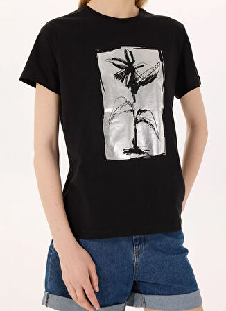 Limon Yuvarlak Yaka Baskılı Siyah Kadın T-Shirt L5SL-TST5816