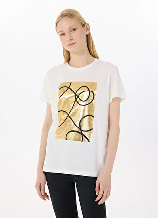 Limon Yuvarlak Yaka Baskılı Ekru Kadın T-Shirt L5SL-TST5811