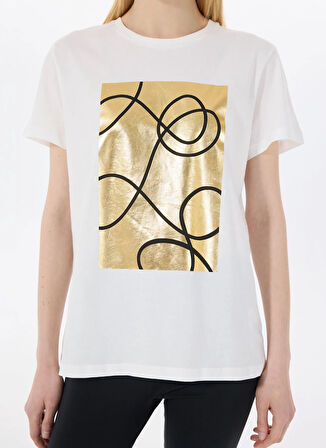 Limon Yuvarlak Yaka Baskılı Ekru Kadın T-Shirt L5SL-TST5811