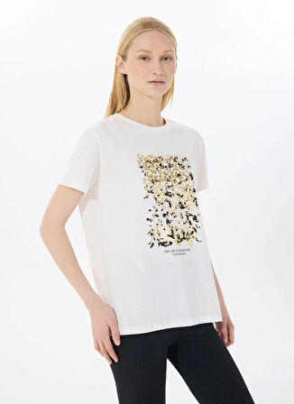 Limon Yuvarlak Yaka Baskılı Ekru Kadın T-Shirt L5SL-TST5815